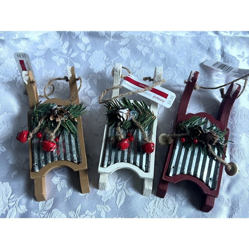 New 3 Wood and Metal Christmas Sled Ornaments with‎ bells by Ashland